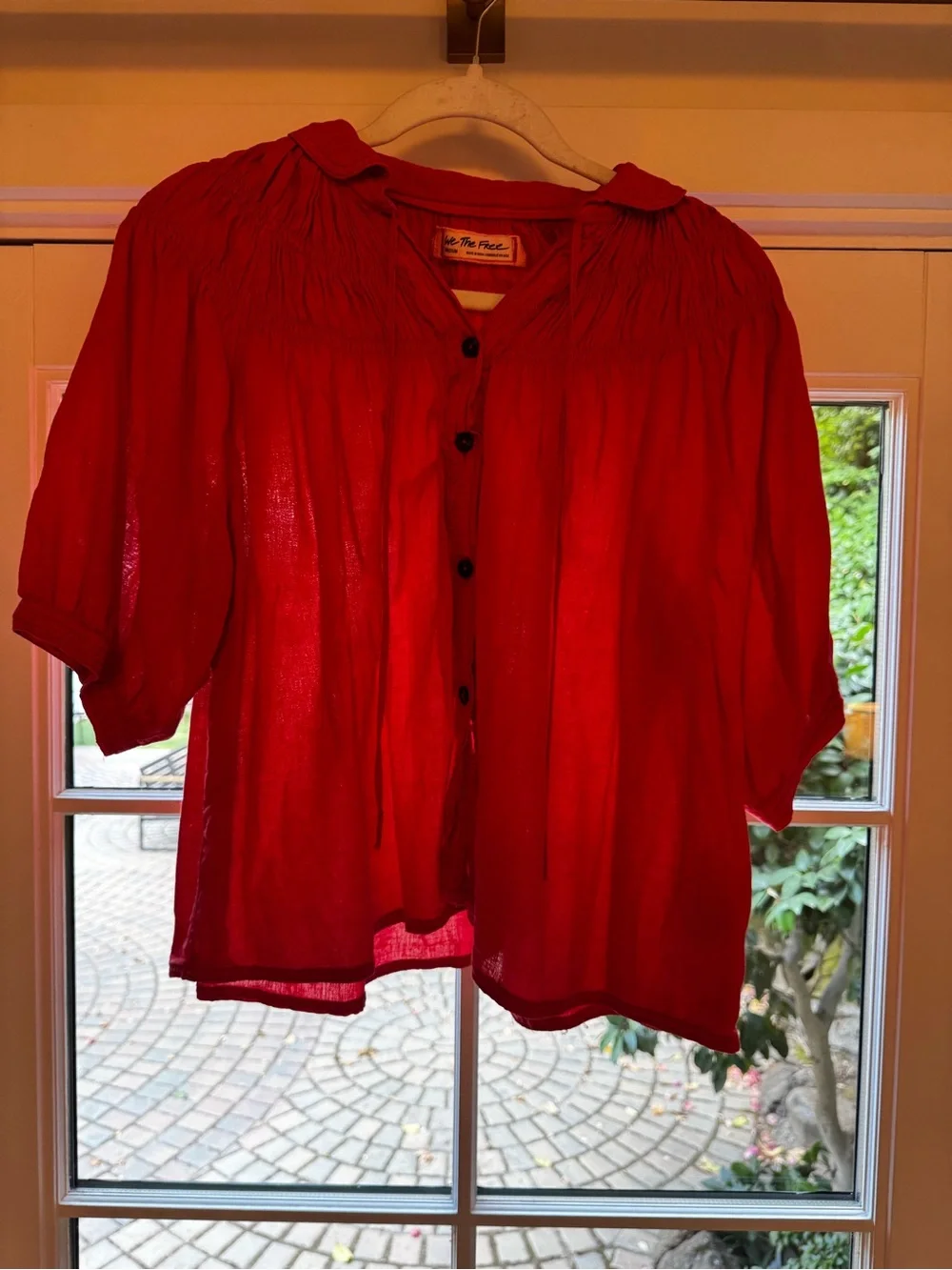 Free People Red Smocked Yoke Short-Sleeve Blouse